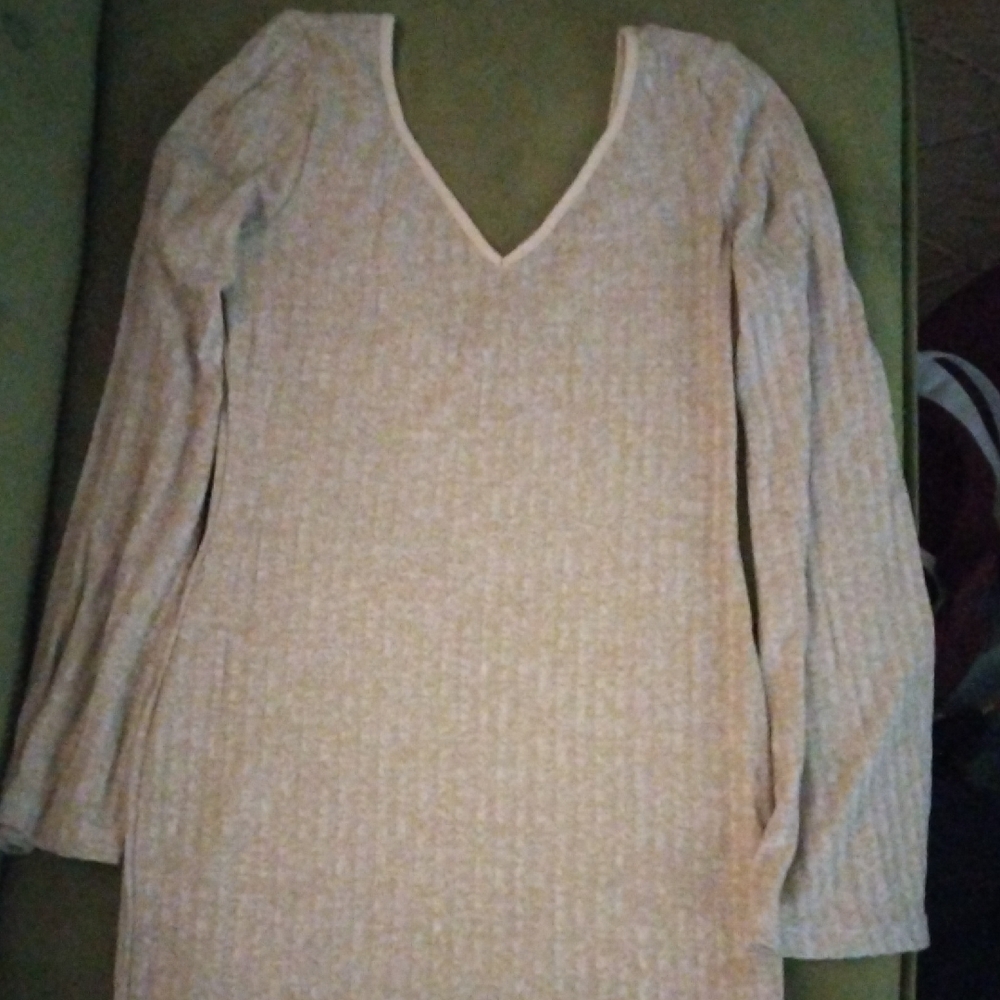 SHEIN Beige Ribbed V-Neck Long Sleeve Dress